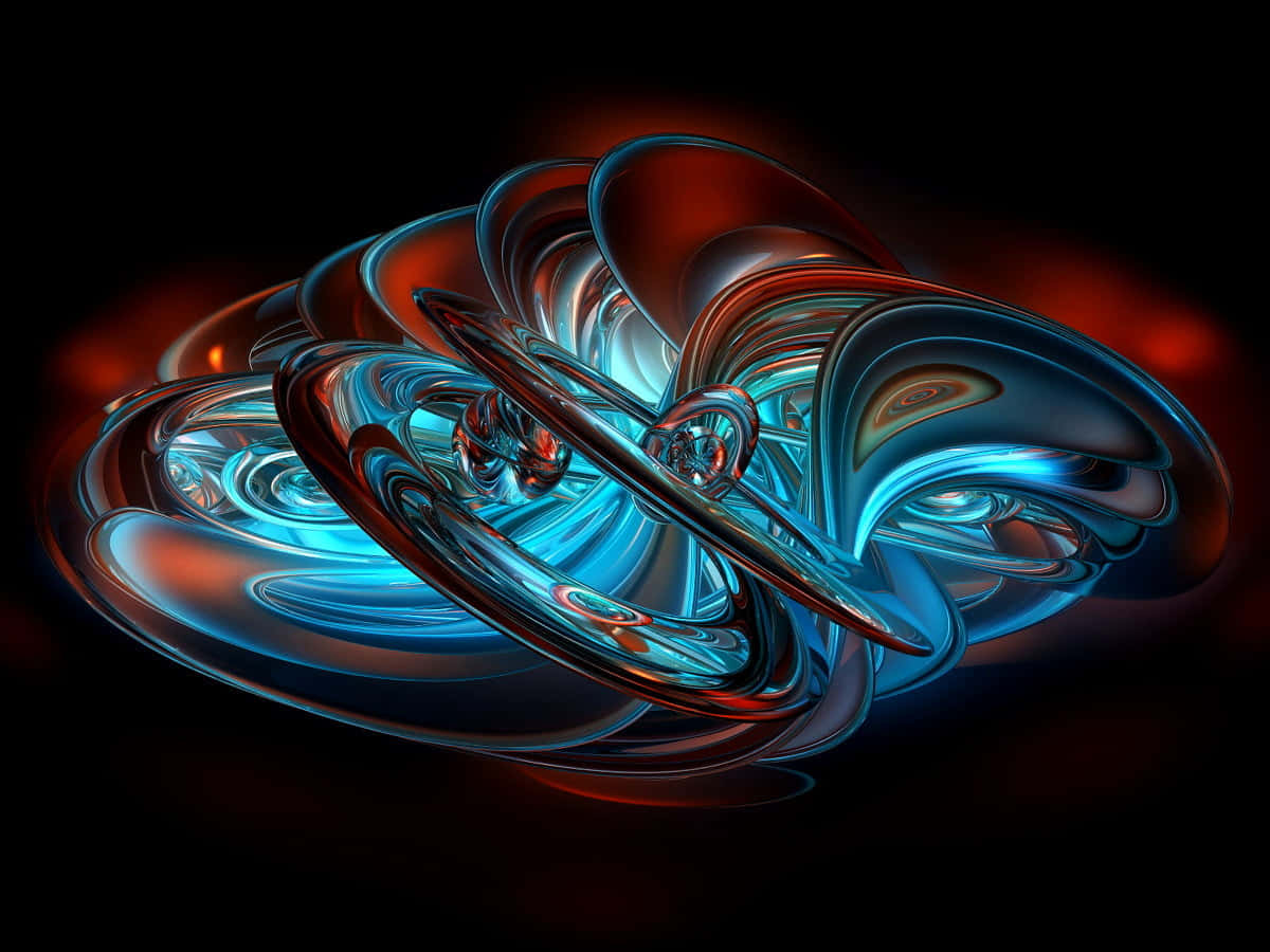 3d Graphics 桌布 壁紙 — 一個迷人的數碼雕塑，由發光藍色和火紅色的金屬絲帶在黑色虛空中旋轉而成。