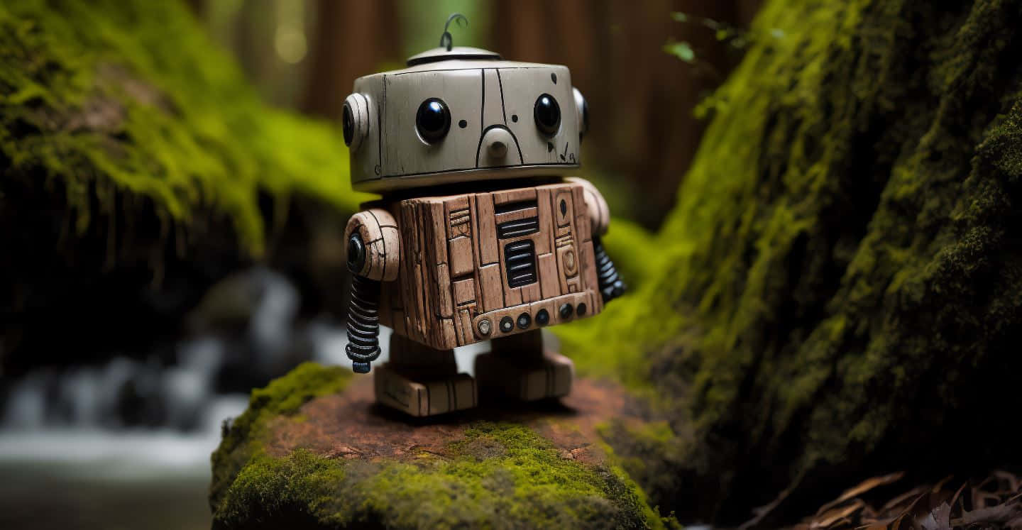 Kawaii Robot 桌布 壁紙 — 一個迷人的木製機械人，玻璃眼睛，站在森林溪流旁的苔蘚岩石上。