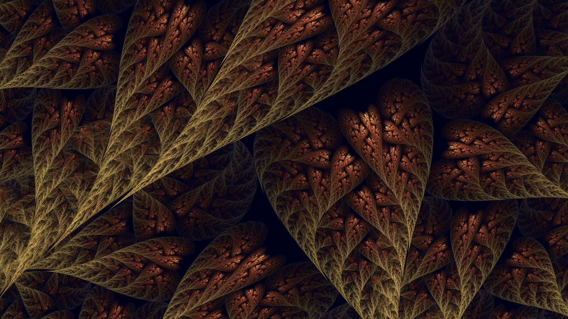 Brown Leaves 桌布 壁紙 — 一個迷人的碎形圖案，在深色背景上呈現溫暖銅色和金色調的重複葉狀形狀。