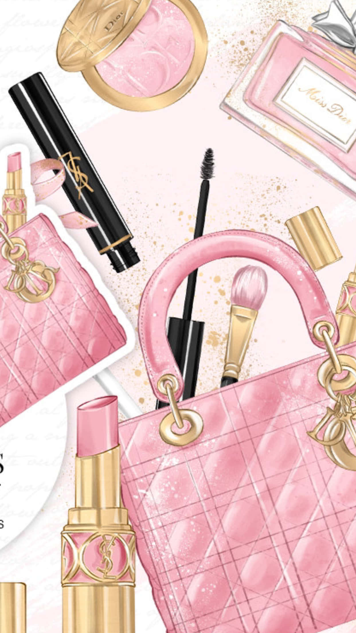 Cute Makeup 桌布 壁紙 — 一個迷人的粉紅色Dior美容系列，包括手袋、唇膏和香水，以閃爍的奢華平鋪方式排列。