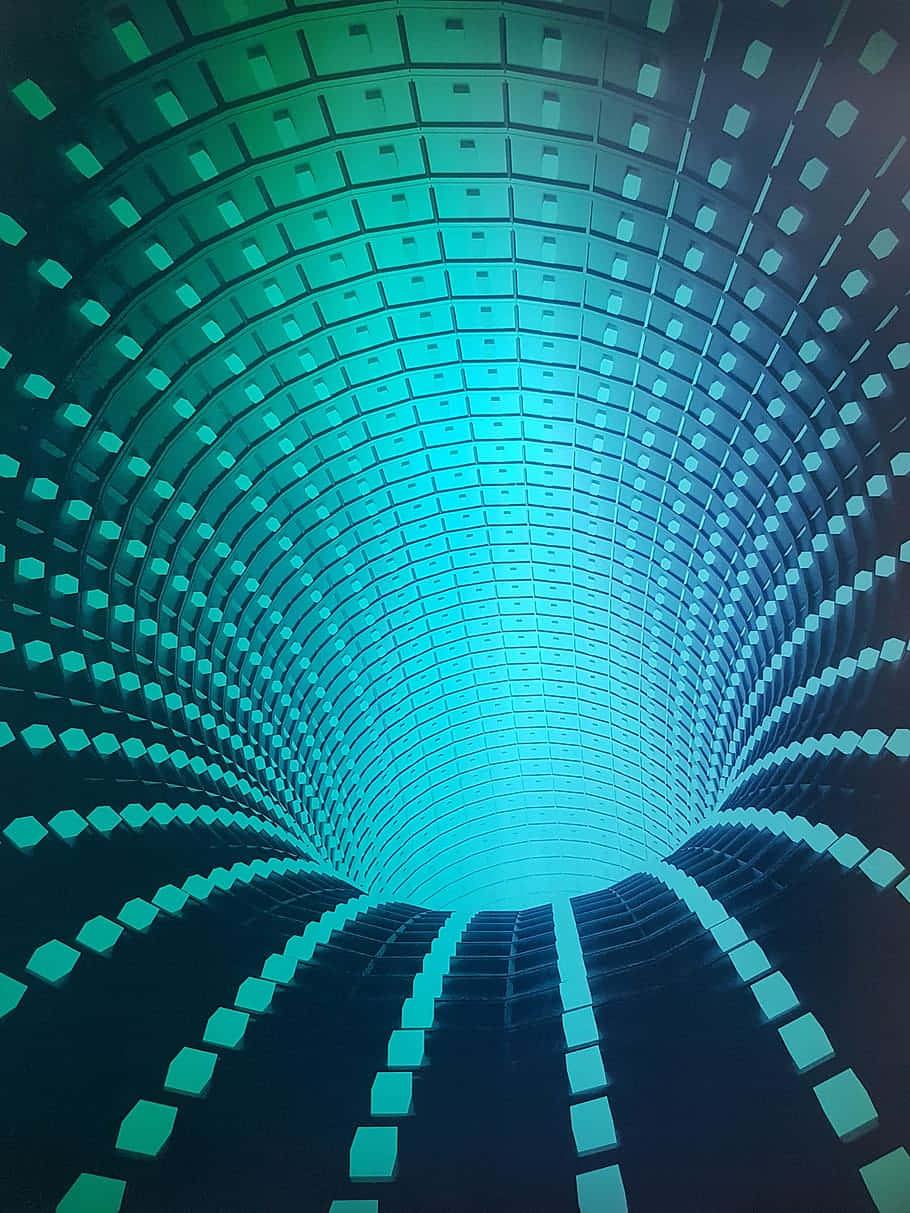 3d Technology 桌布 壁紙 — 一個迷人的藍綠色和藍色幾何隧道，帶有重複的方形圖案，逐漸消失在明亮的光線中。