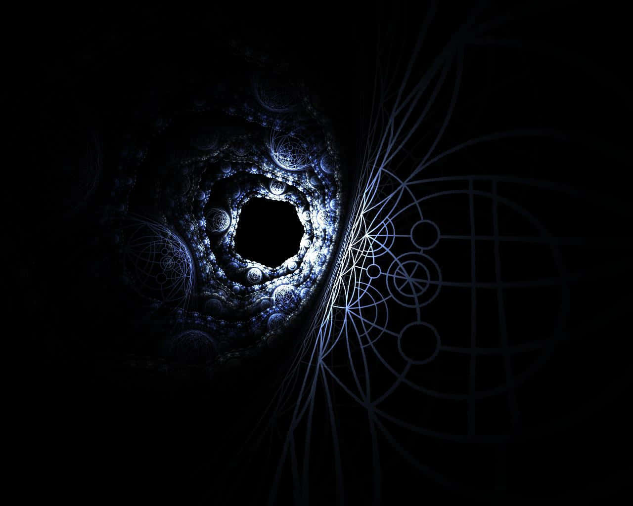 Dark Circles 桌布 壁紙 — 一個迷人的藍色分形隧道，帶有發光的幾何圖案和複雜的圓形設計，螺旋進入黑暗。