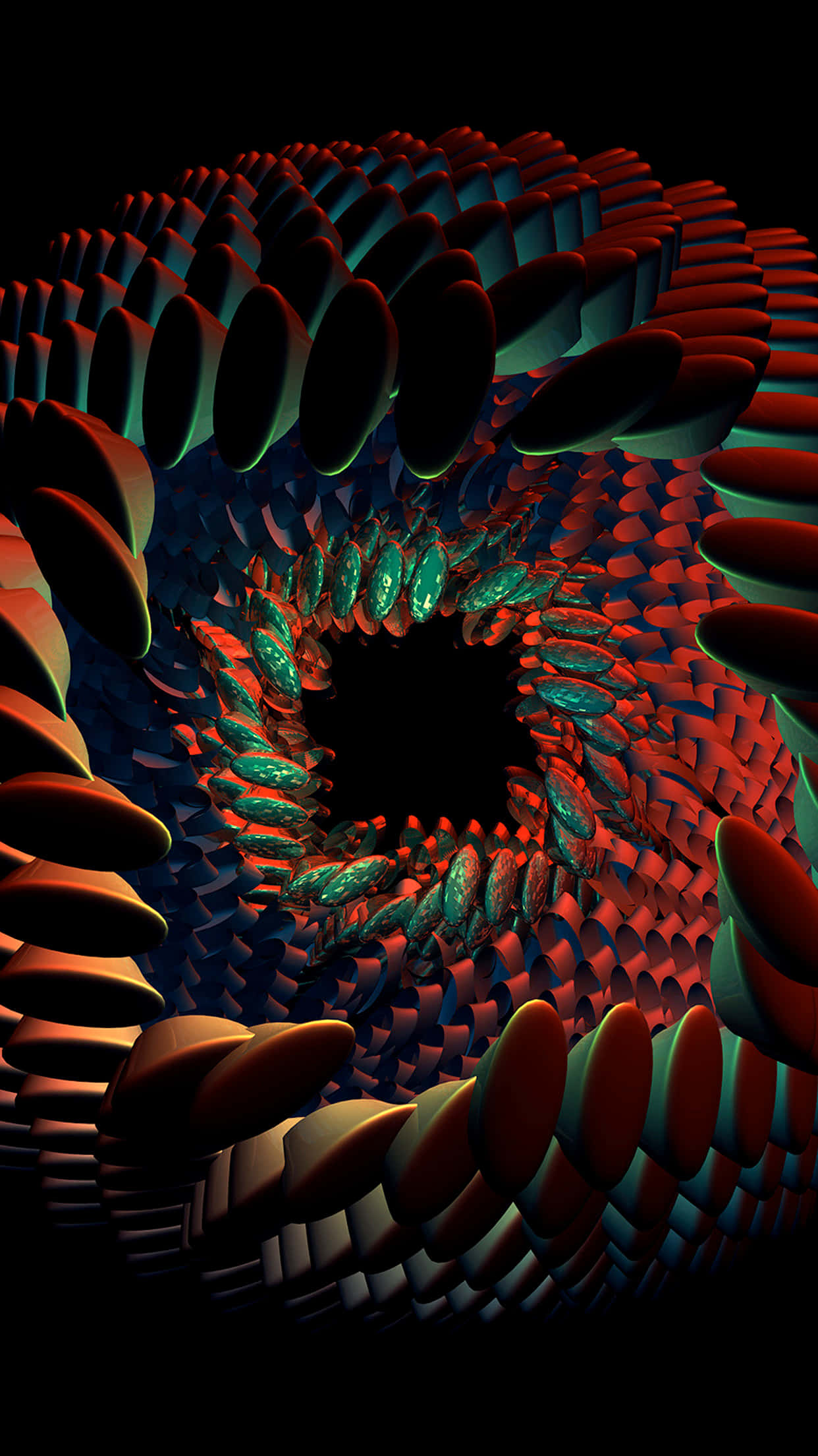 Dark Abstract Art 桌布 壁紙 — 一個迷人的螺旋隧道，由發光的紅色和藍綠色幾何形狀組成，逐漸消失在黑暗中。