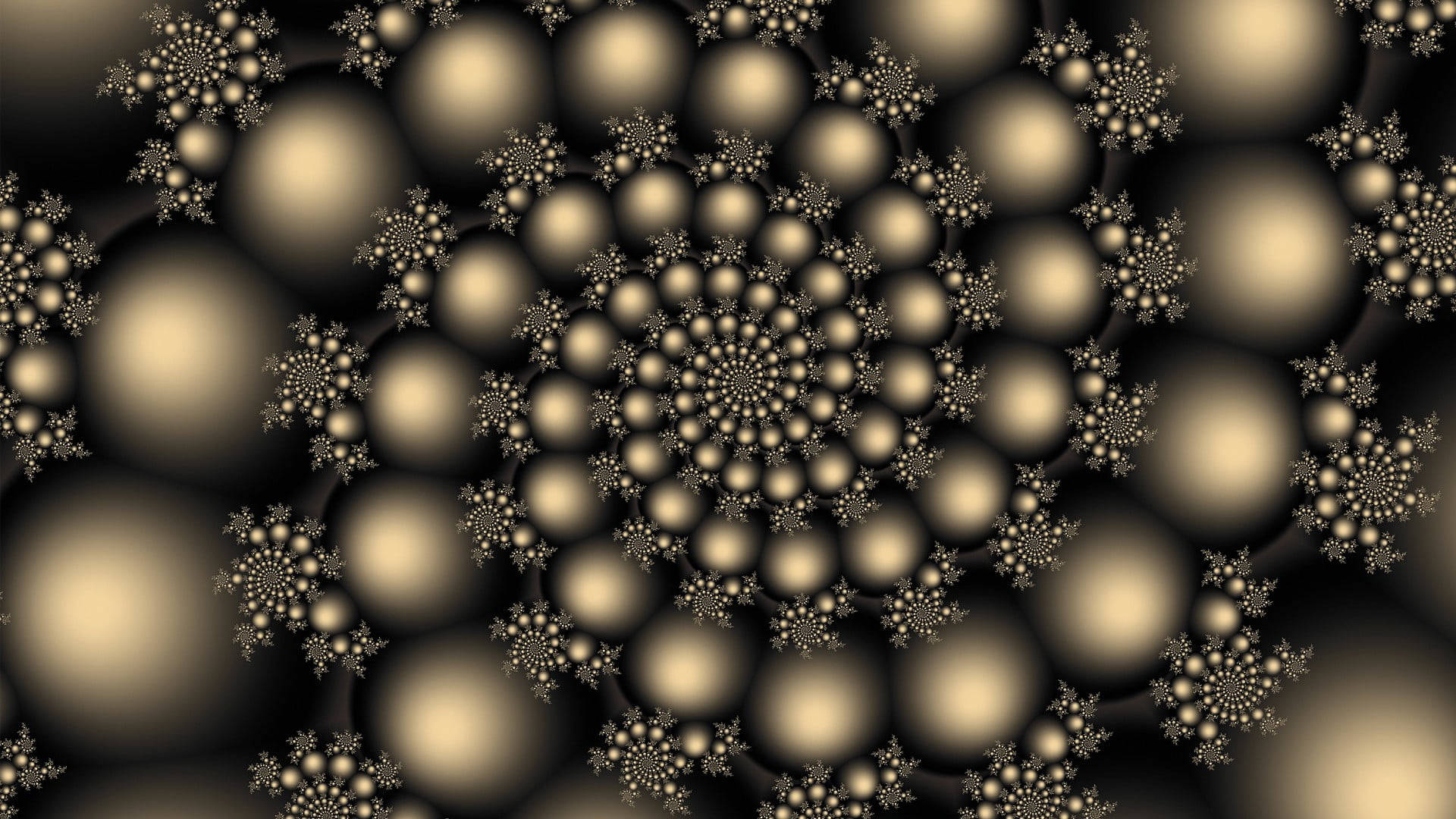 Spiral Metallic Balls 壁紙 — 一個迷人的金色分形螺旋，帶有發光球體和複雜的雪花狀圖案，在深色背景上。