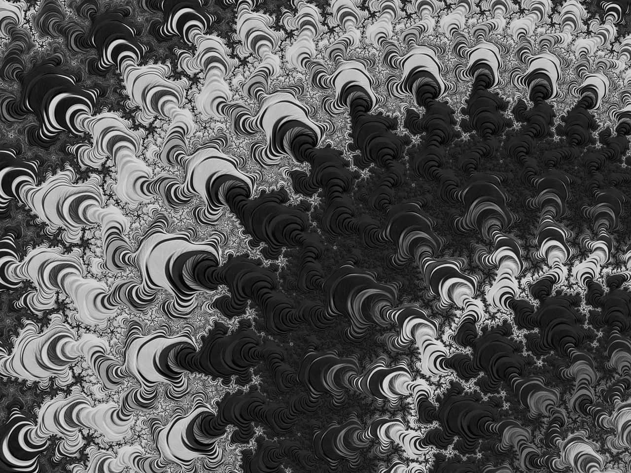 Black And White Abstract Art 桌布 壁紙 — 一個迷人的黑白分形圖案，帶有漩渦狀有機形狀和重複的幾何圖案。