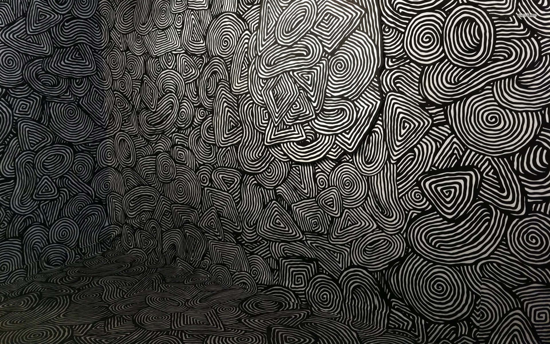 Psychedelic 3d Art 桌布 壁紙 — 一個迷人的黑白抽象圖案，由旋轉的線條和幾何形狀填滿整個畫面。