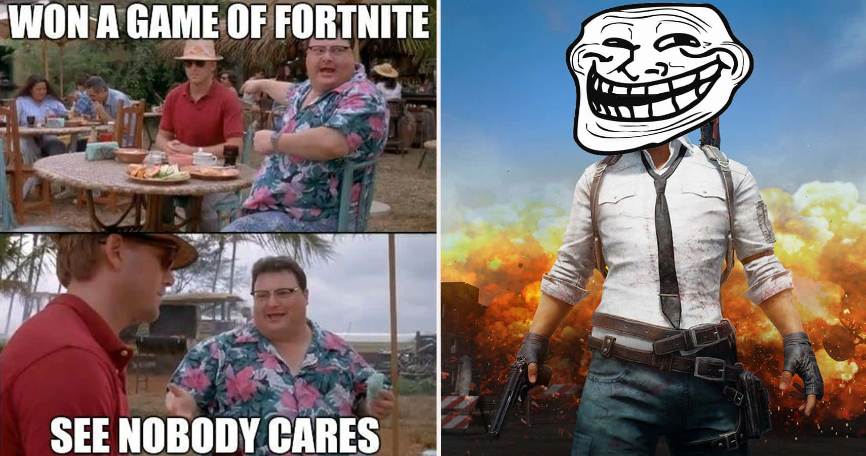 Gaming Memes 桌布 壁紙 — 一個迷因拼貼，展示一名男子在熱帶餐廳慶祝《Fortnite》勝利，而另一個場景則有遊戲角色在爆炸中帶有 troll face 疊加效果。