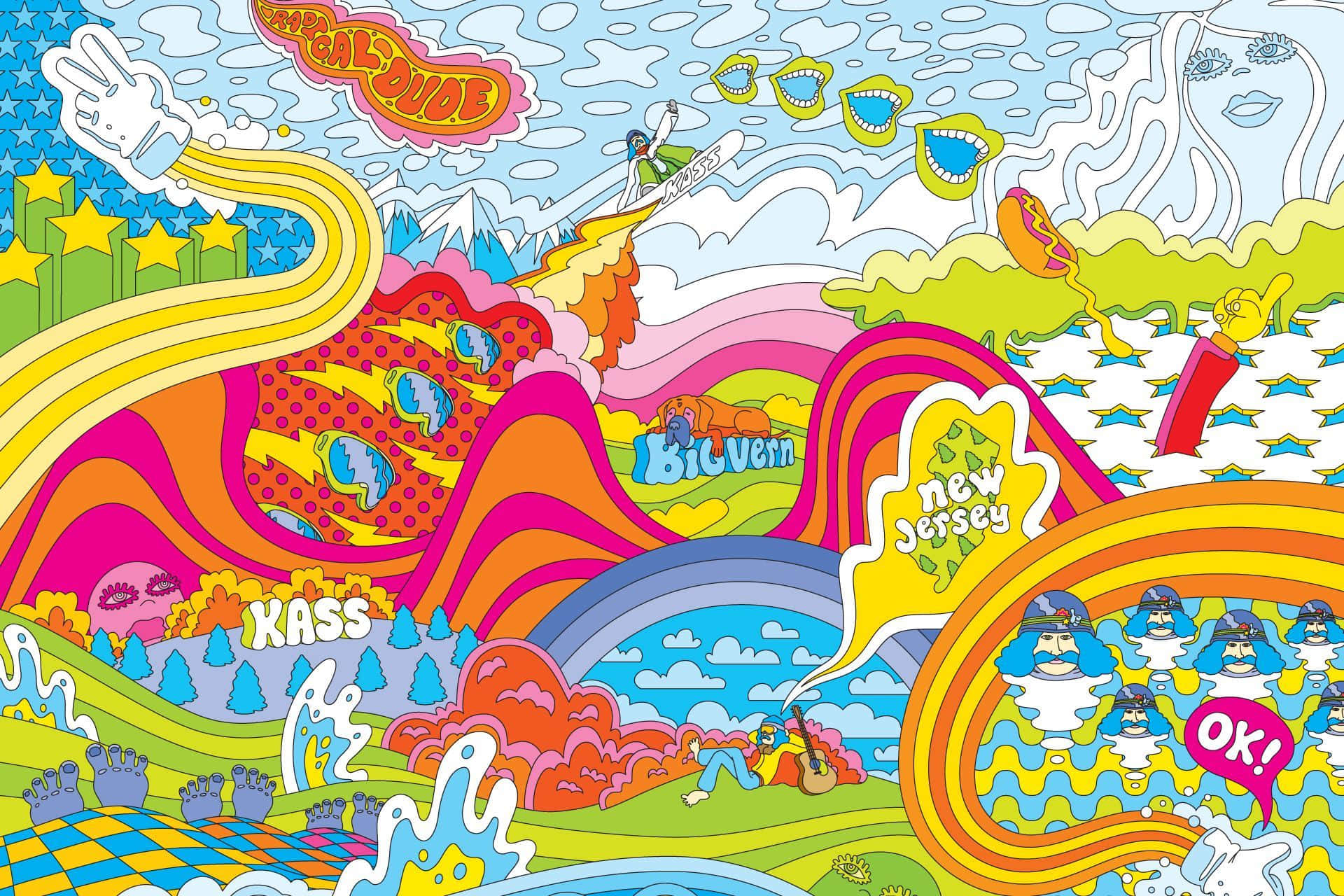 Psychedelic 70s Aesthetic 桌布 壁紙 — 一個迷幻卡通風景，有彩虹山丘、漂浮文字和色彩鮮豔的奇異角色。