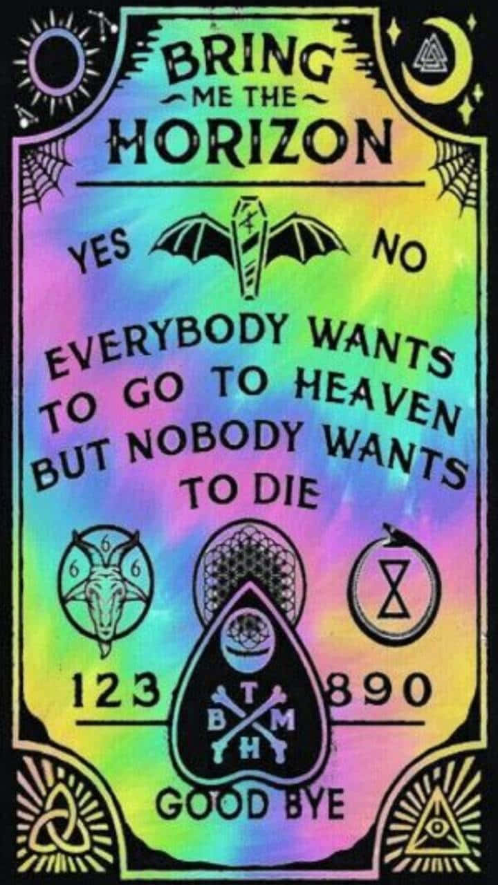 Ouija Boards 桌布 壁紙 — 一個迷幻彩虹漸變的通靈板設計， featuring Bring Me The Horizon 的歌詞和神秘符號。