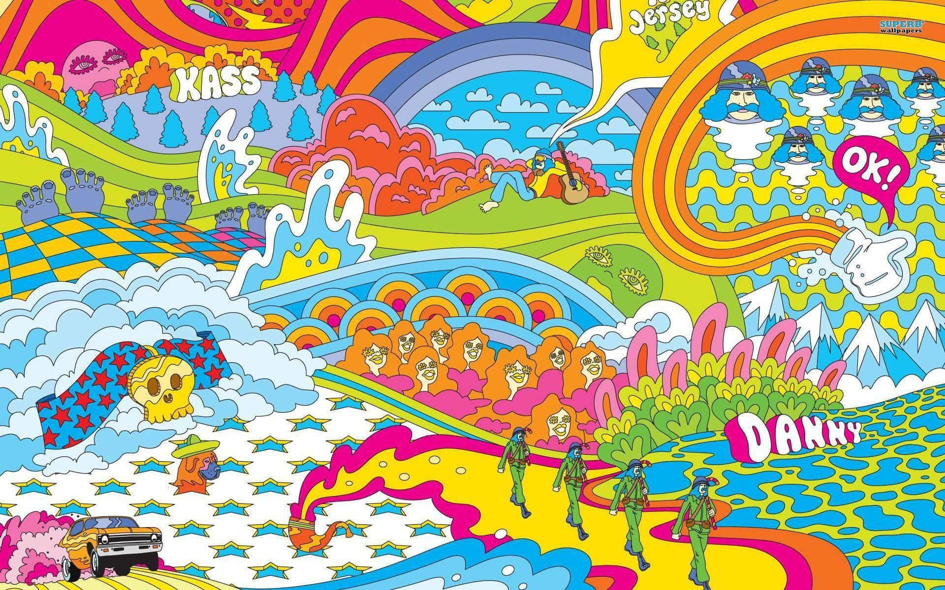 Psychedelic 70s Aesthetic 桌布 壁紙 — 一個迷幻的卡通景觀，有彩虹山丘、漂浮的雲朵，以及像「KASS」和「DANNY」這樣的人物，在充滿活力的超現實場景中。
