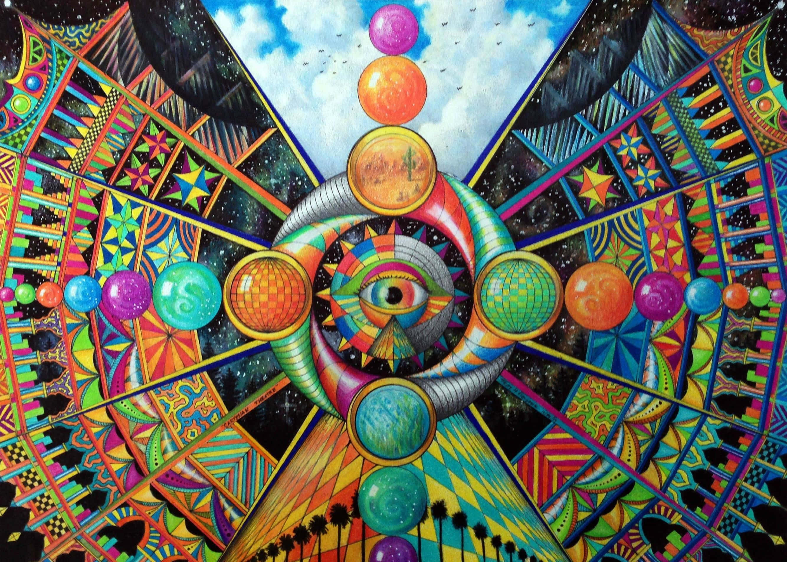 Psychedelic 3d Art 桌布 壁紙 — 一個迷幻的宇宙之眼，被色彩繽紛的幾何圖案和漂浮球體環繞，背景是星空和棕櫚樹。