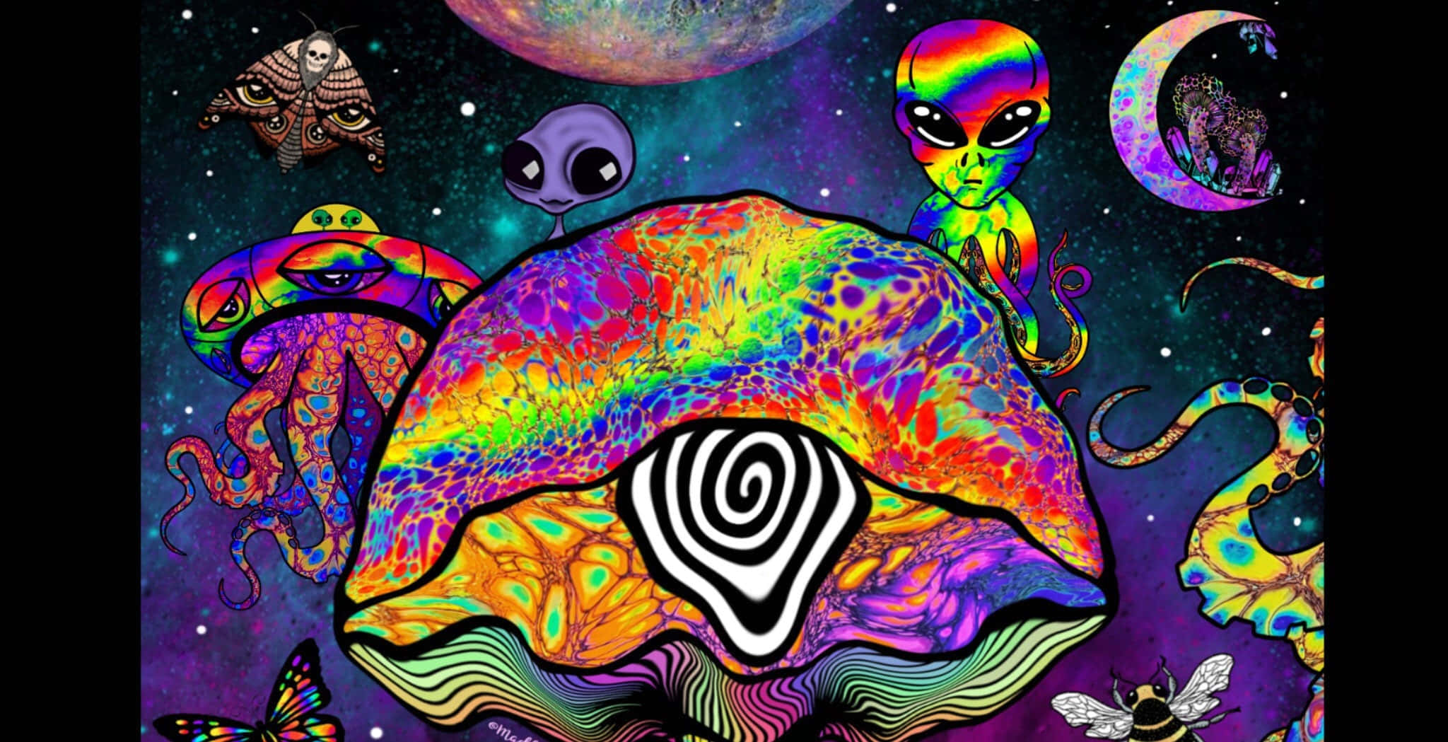 Trippy Mushroom 桌布 壁紙 — 一個迷幻的宇宙場景，有一條彩虹色的外星魷魚，帶有催眠的螺旋眼睛，周圍環繞著UFO、外星人和天體。