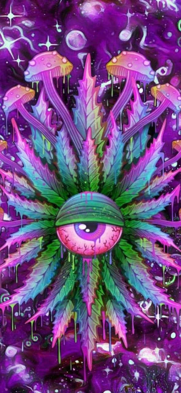 Trippy Mushroom 桌布 壁紙 — 一個迷幻的眼睛位於充滿活力的大麻葉中央，周圍環繞著發光的蘑菇和宇宙紫色星星。
