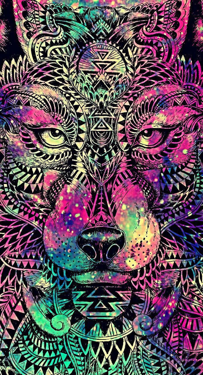 Trippy Animals 桌布 壁紙 — 一個迷幻的老虎臉，飾有複雜的幾何圖案和鮮豔的宇宙色彩，背景為深色。