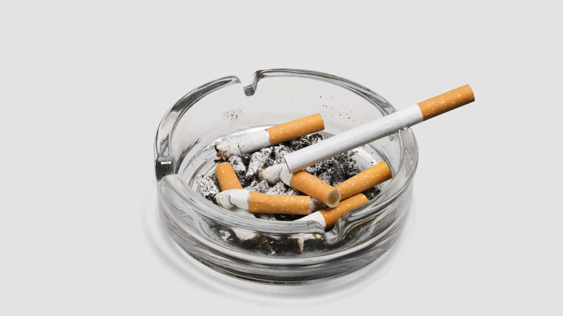 吸煙 桌布 壁紙 — 一個透明玻璃煙灰缸裝著熄滅的煙頭和煙灰，背景是純淺灰色。