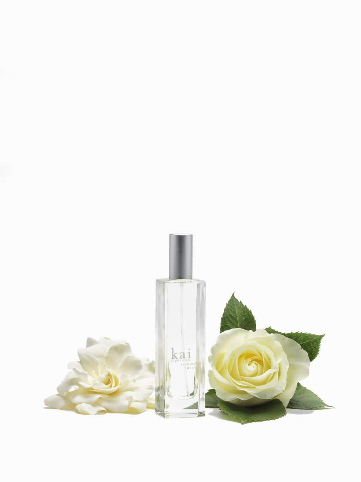 Floral Fragrance 桌布 壁紙 — 一個透明玻璃香水瓶，標有 kai，放在一朵白玫瑰和一朵白梔子花之間，背景是純白色。