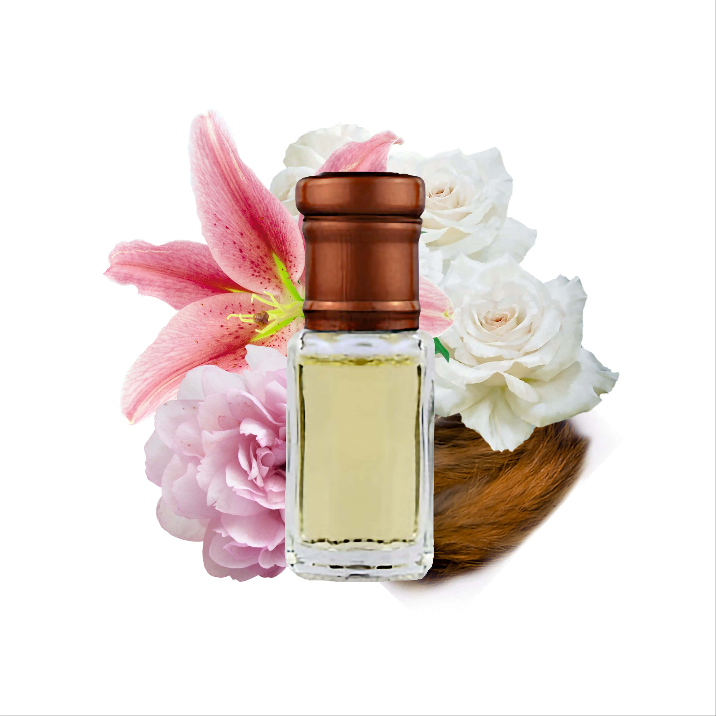Floral Fragrance 桌布 壁紙 — 一個透明香水瓶，配琥珀色瓶蓋，被粉紅百合、白玫瑰和粉紅牡丹環繞，背景為白色。