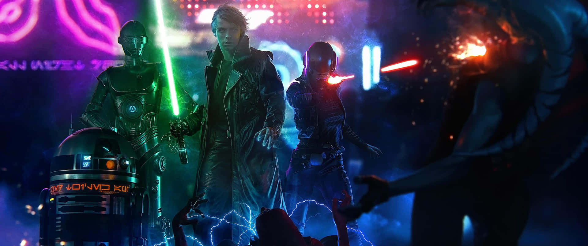 Cyberpunk 角色手持發光劍和機械人，身處霓虹燈閃爍的小巷。