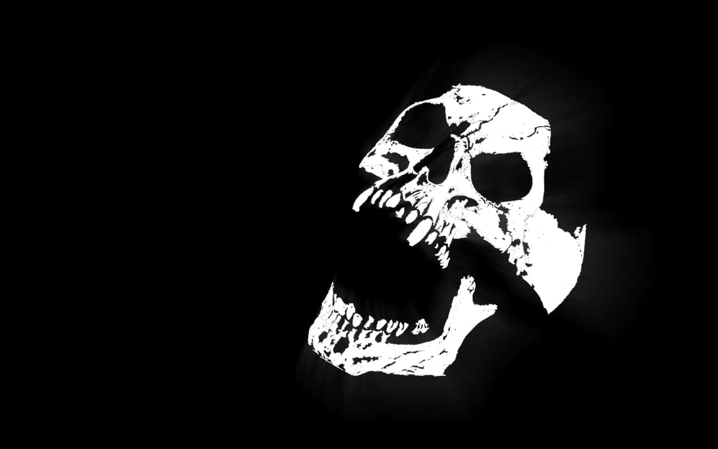 skulls 桌布 壁紙 — 一個邊緣鋸齒狀的純白人類頭骨在純黑背景上發光，投射出微妙的陰影。