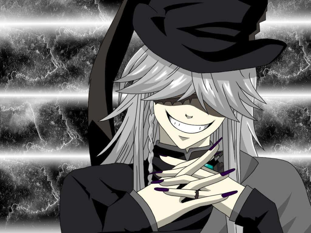 Black Butler Undertaker 桌布 壁紙 — 一個邪惡的動漫女巫，銀色頭髮，咧嘴大笑，雙手合十，背景是暴風雨和閃電。