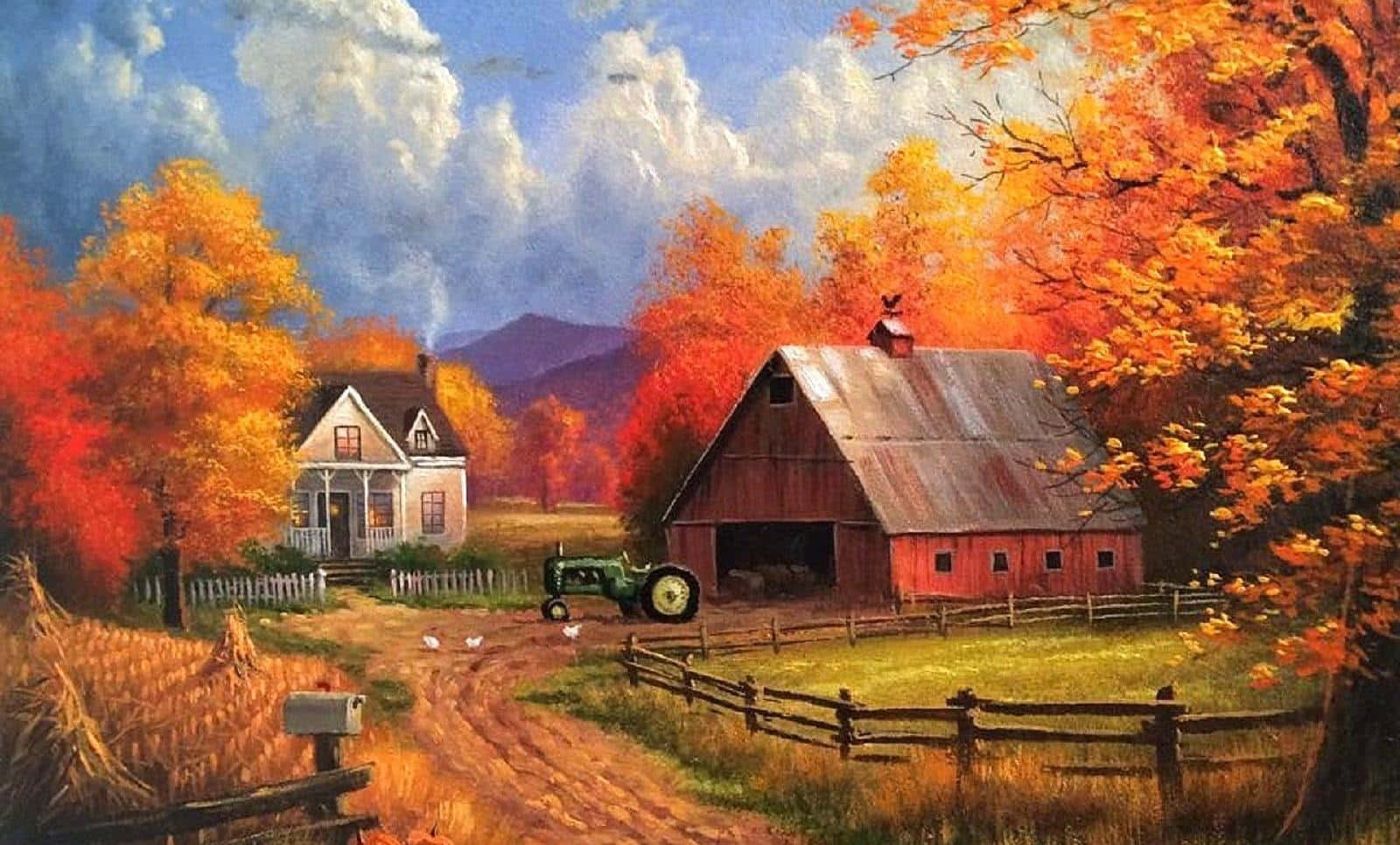Fall Farmhouse 桌布 壁紙 — 一個鄉村農場在秋天，有紅色穀倉、白色農舍、綠色拖拉機和鮮豔的橙色樹木，在陰天天空下。