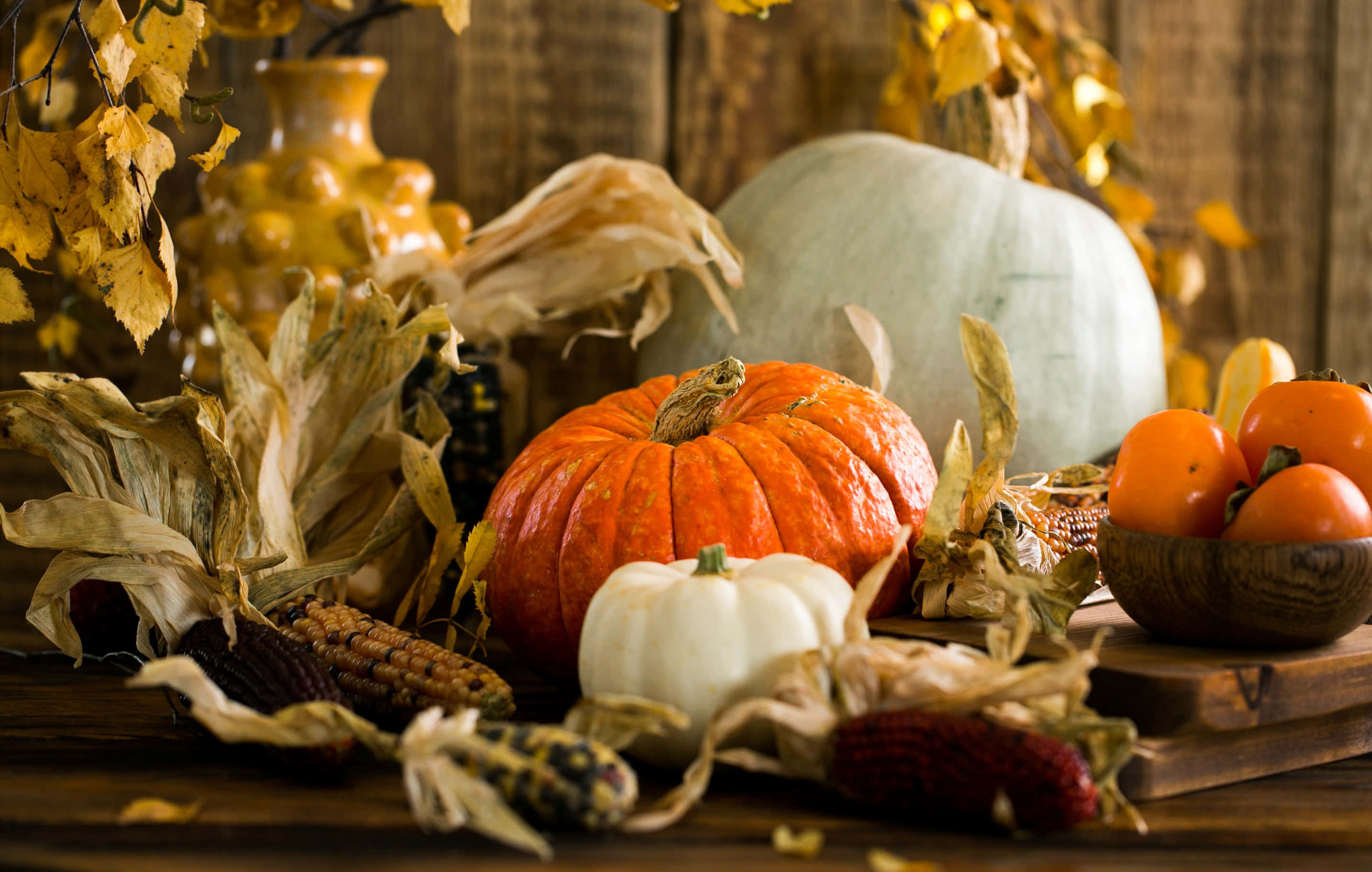 Fall Pumpkin 桌布 壁紙 — 一個鄉村風格的秋季靜物，以南瓜、玉米芯和柿子擺放在木桌上，搭配溫暖的金色樹葉。