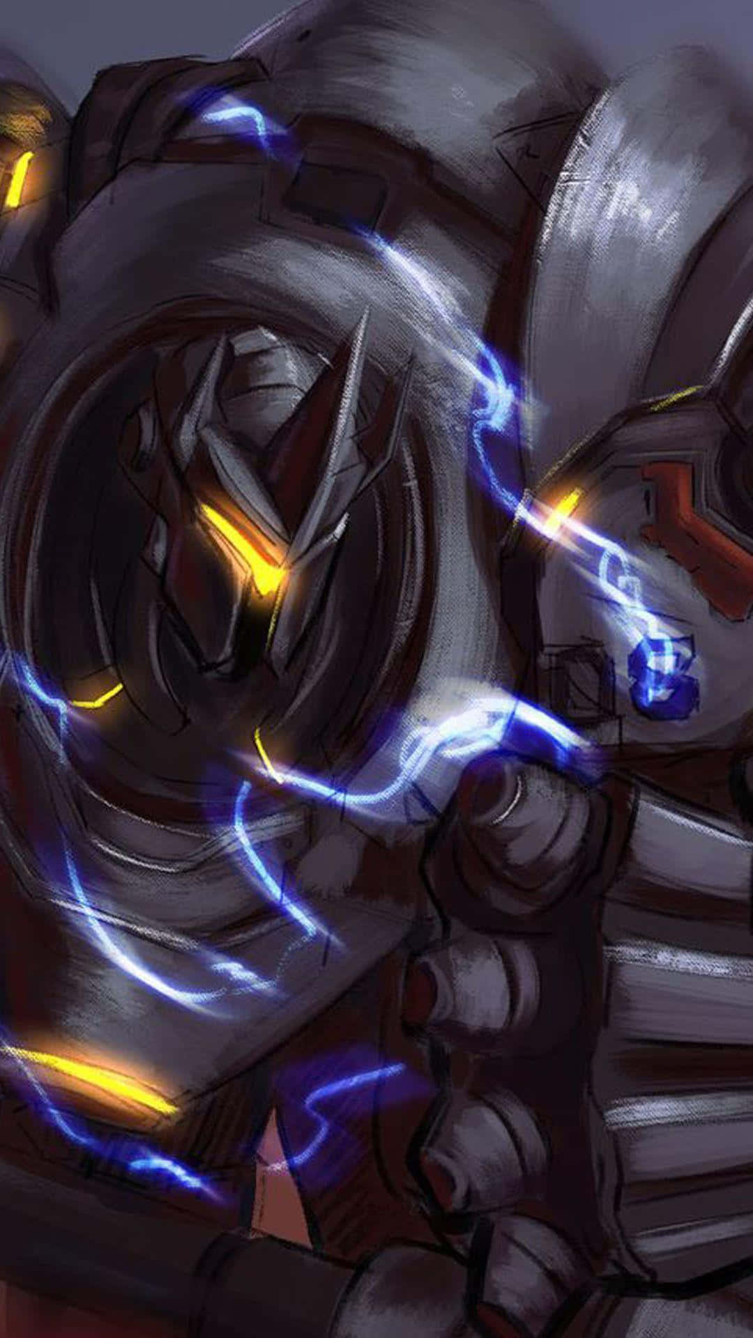 Overwatch Reinhardt 桌布 壁紙 — 一個重裝甲機械戰士的特寫，擁有發光的黃色眼睛和在其金屬框架中流動的噼啪作響的藍色能量。