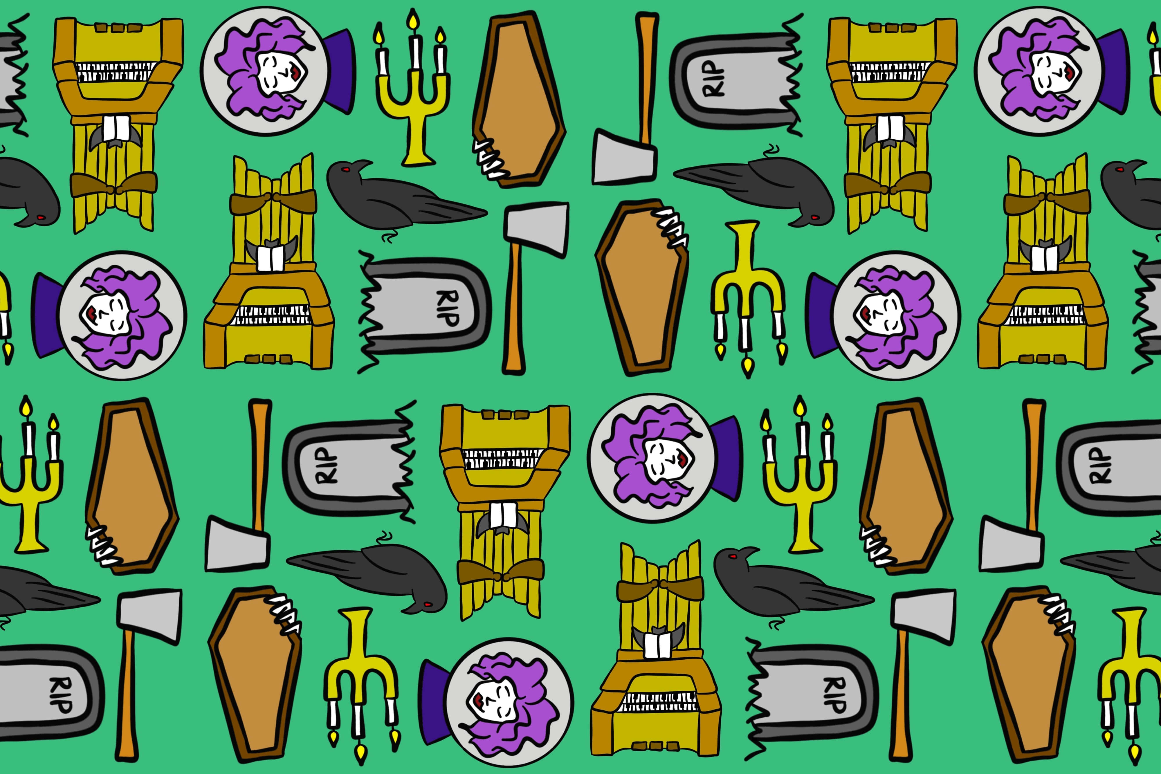 Halloween Puzzles 桌布 壁紙 — 一個重複的卡通風格萬聖節圖案，包括棺材、骷髏和烏鴉，背景為亮綠色。