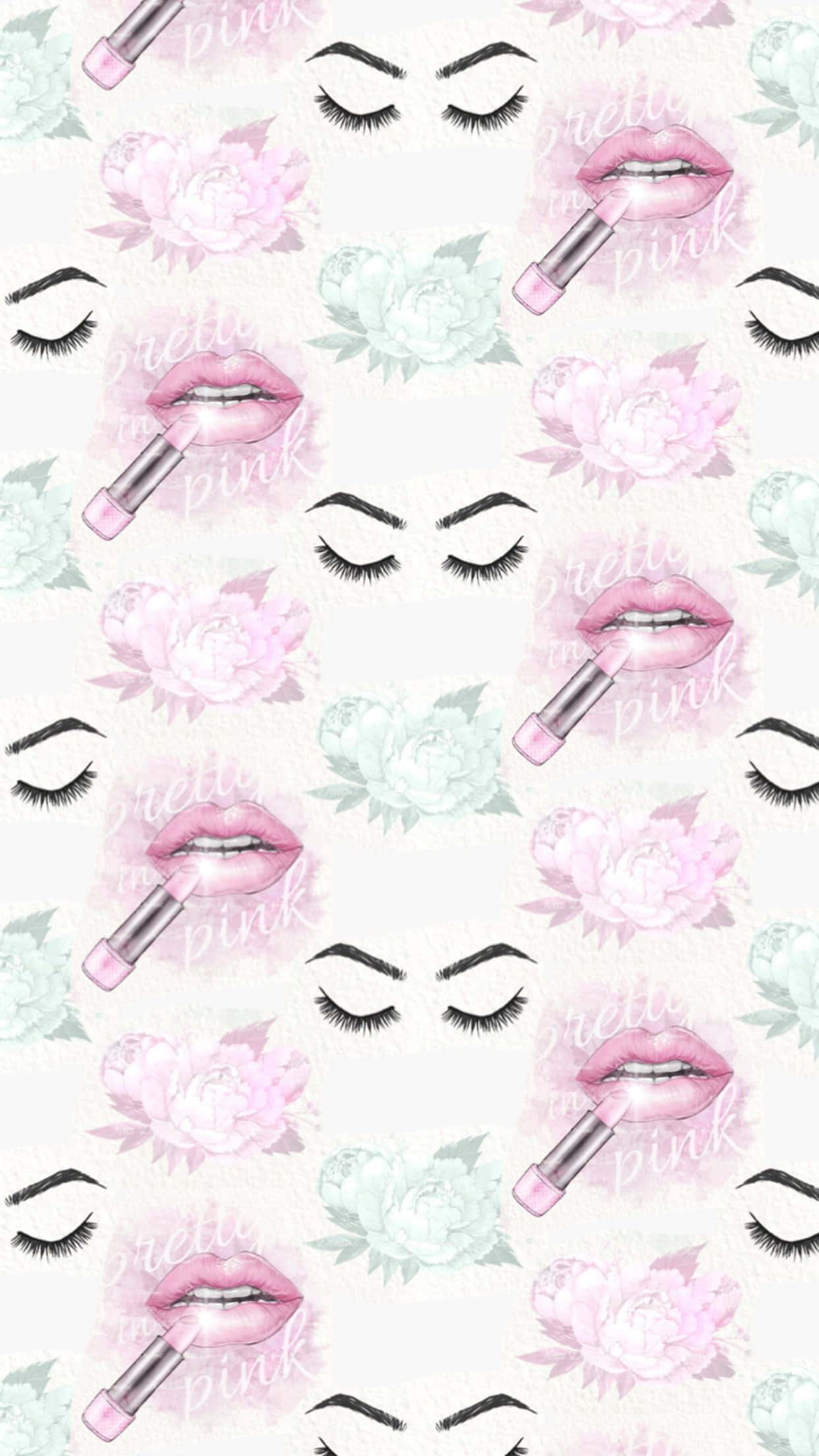 Pink Makeup 桌布 壁紙 — 一個重複的圖案，粉紅色的嘴唇拿著唇膏管，閉上的眼睛，配以柔和粉彩色的牡丹花。
