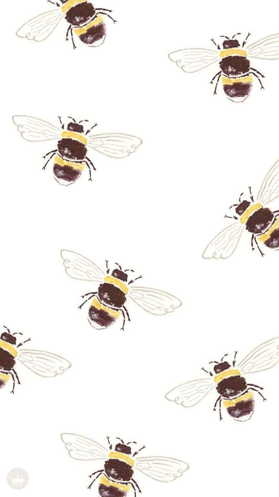 Aesthetic Bee 桌布 壁紙 — 一個重複的圖案，風格化的蜜蜂帶有黑色和黃色條紋，在純白色背景上飛翔。
