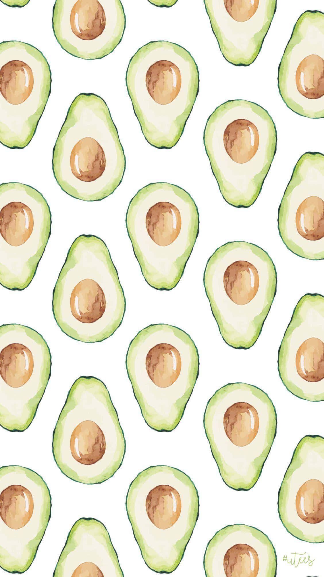 Cute Avocado 桌布 壁紙 — 一個重複的水彩圖案，白色背景上帶有綠色皮和棕色核的切片牛油果。
