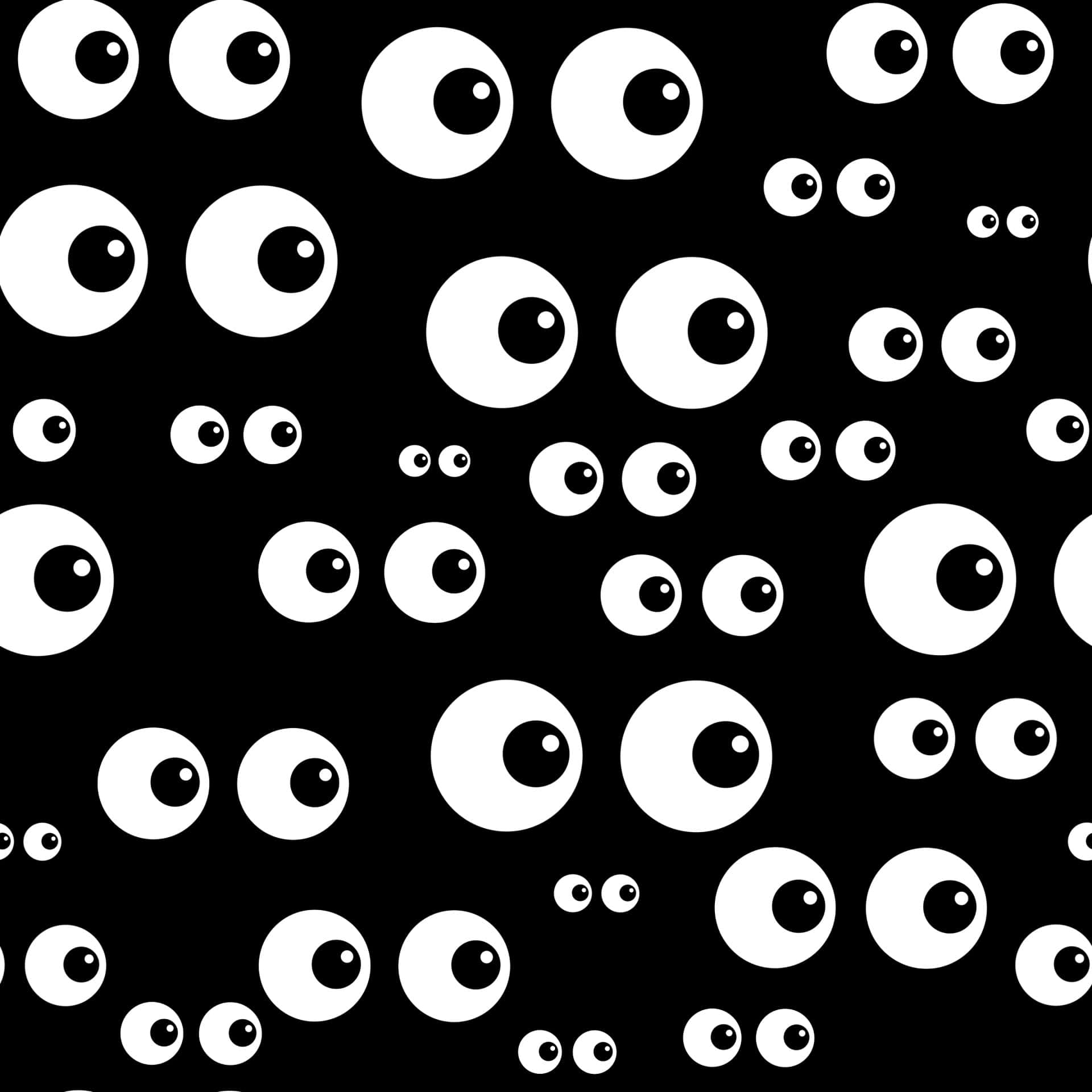 Eyes 桌布 壁紙 — 一個重複的白黑卡通眼睛圖案，從各個方向凝視著純黑色背景。
