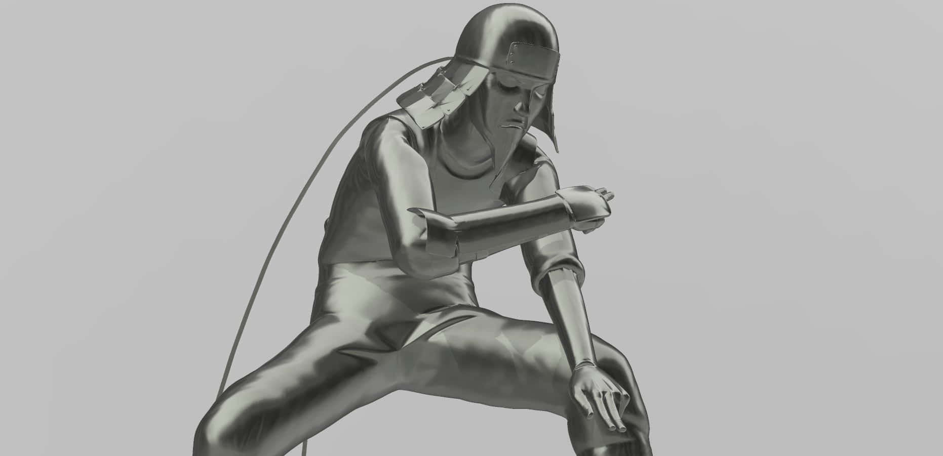 Third Hokage 桌布 壁紙 — 一個金屬人形，以蹲伏的戰鬥姿勢，頭部有一條電纜垂下。