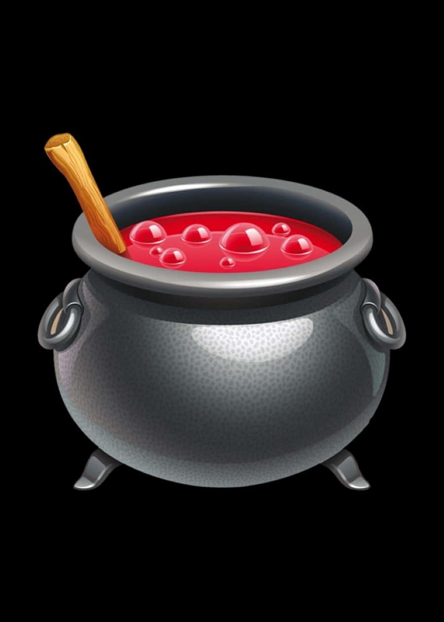 cauldron 桌布 壁紙 — 一個金屬大鍋，裝著冒泡的紅色液體和木勺，背景為黑色。