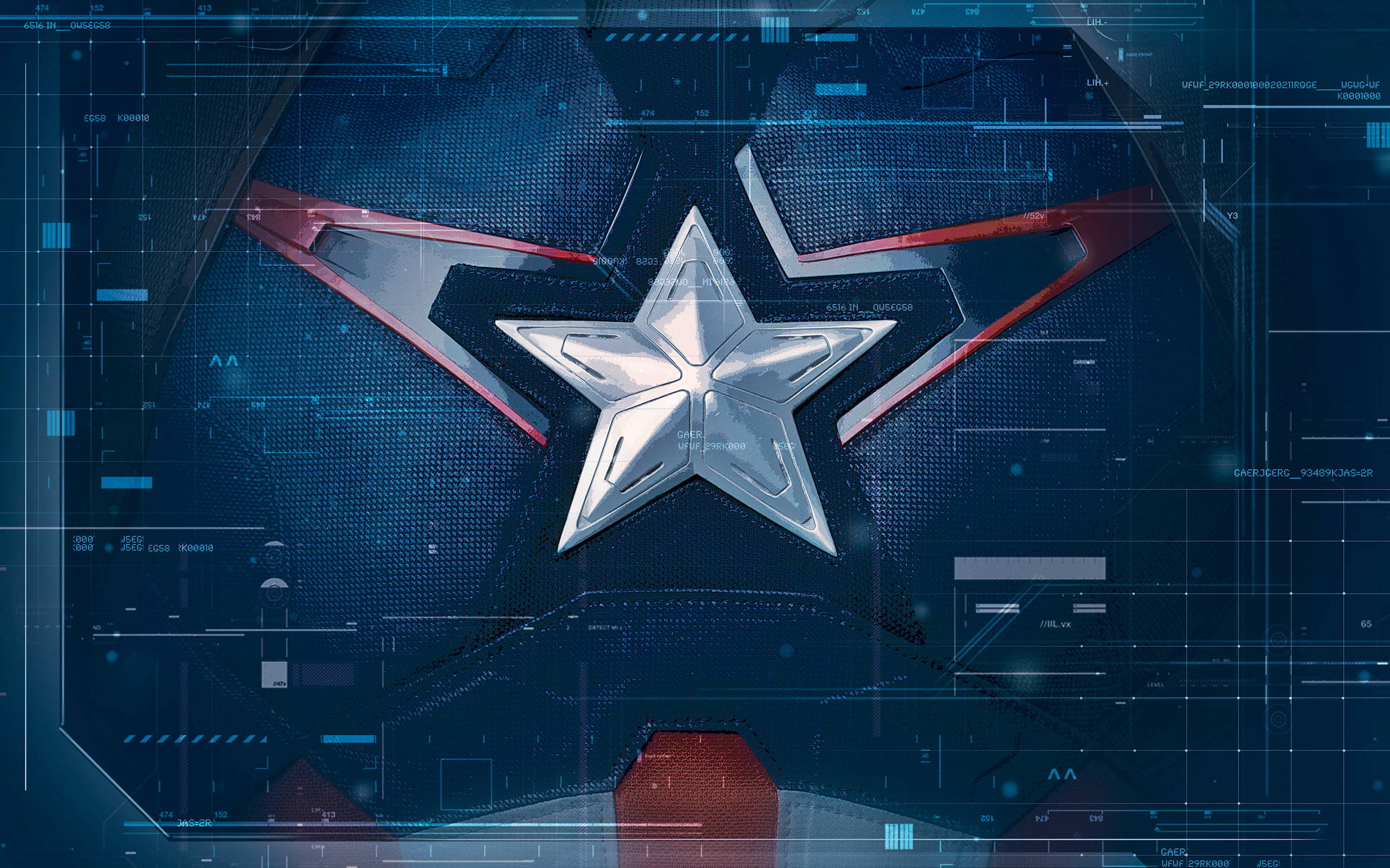 Captain America Logo 桌布 壁紙 — 一個金屬星星標誌，位於藍色數位介面中央，帶有紅色點綴和發光電路疊加層。