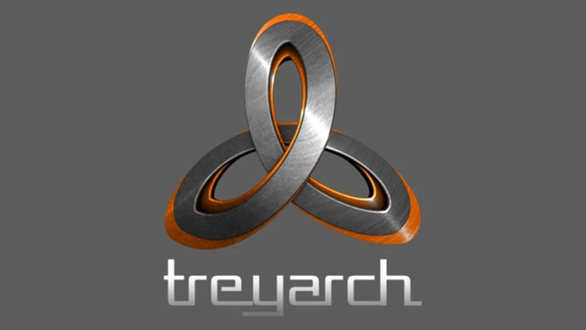 Treyarch 桌布 壁紙 — 一個金屬橙色和銀色交錯的三環標誌，下方有 'treyarch' 文字，背景為灰色。