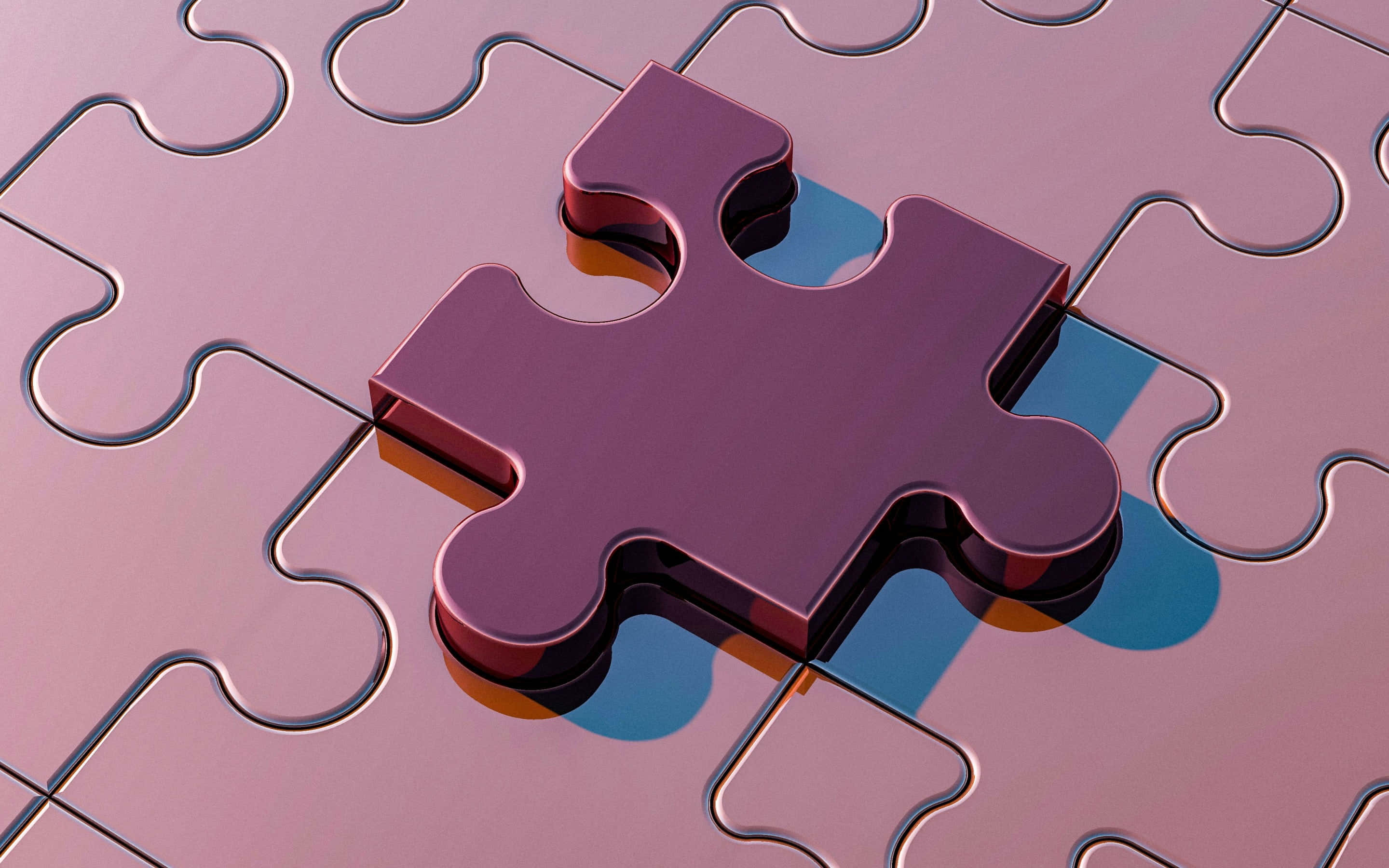 Puzzle Games 桌布 壁紙 — 一個金屬紫色拼圖塊漂浮在相配的粉紅色拼圖表面上，投下藍色和橙色的陰影。