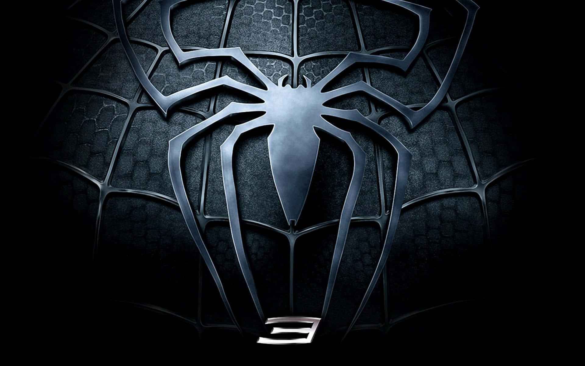 Spider Man 3 桌布 壁紙 — 一個金屬蜘蛛標誌在深色紋理蜘蛛網背景上發光，底部有一個發光數字三。