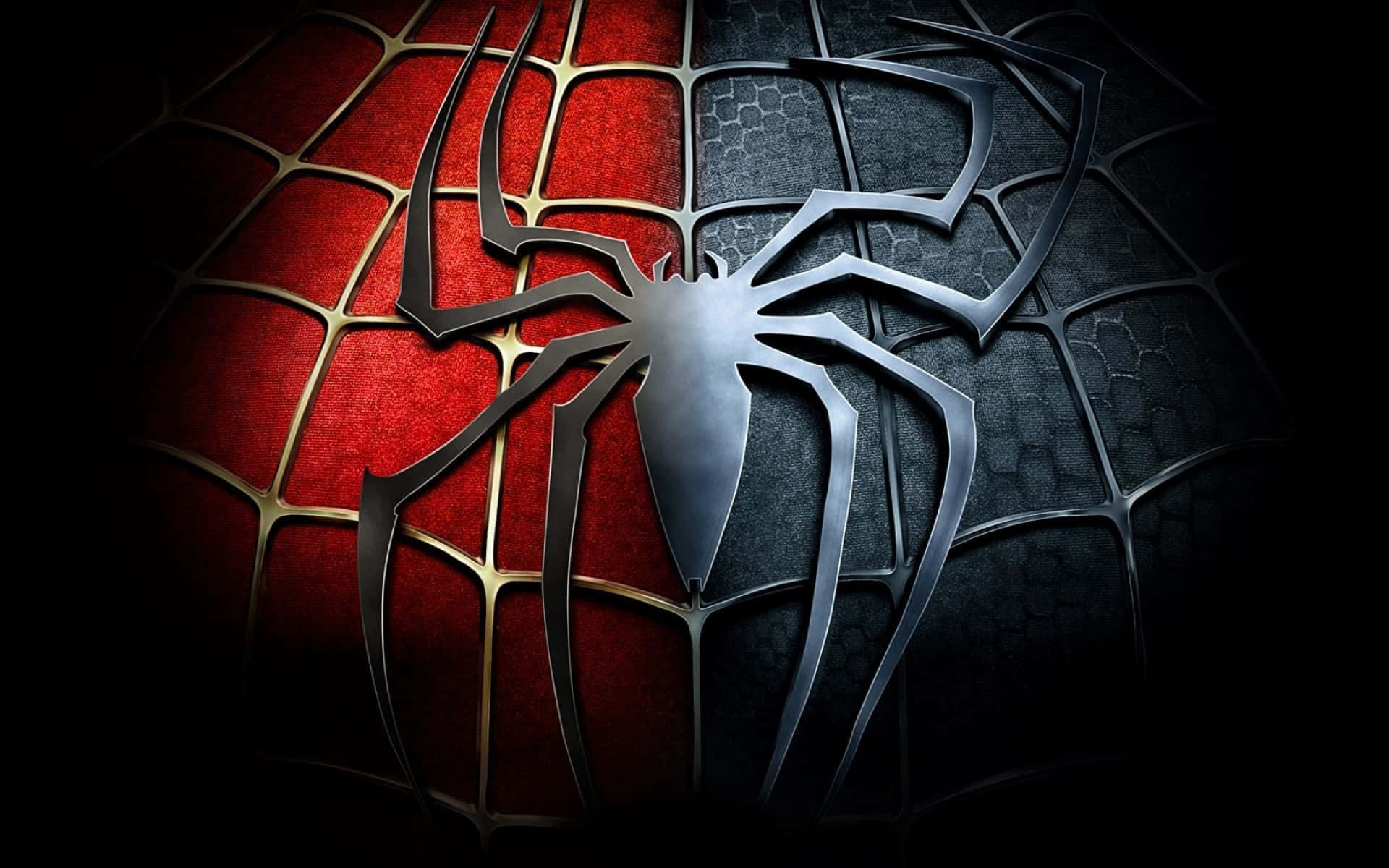 Spider Man 3 桌布 壁紙 — 一個金屬蜘蛛標誌將紅色和黑色的網狀背景以戲劇性的燈光分割開來。