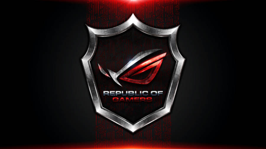 ASUS ROG 桌布 壁紙 — 一個金屬銀色盾牌，帶有發光的紅色ROG眼睛標誌和文字，背景為深色並帶有紅色燈光點綴。