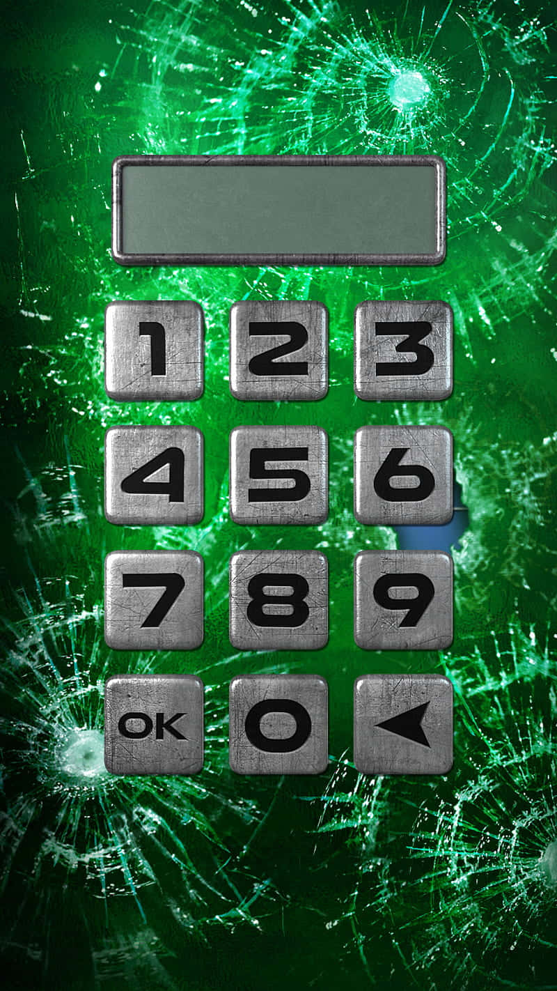 Calculator 桌布 壁紙 — 一個金屬鍵盤漂浮在碎裂的綠色玻璃背景上，帶有發光的裂縫。