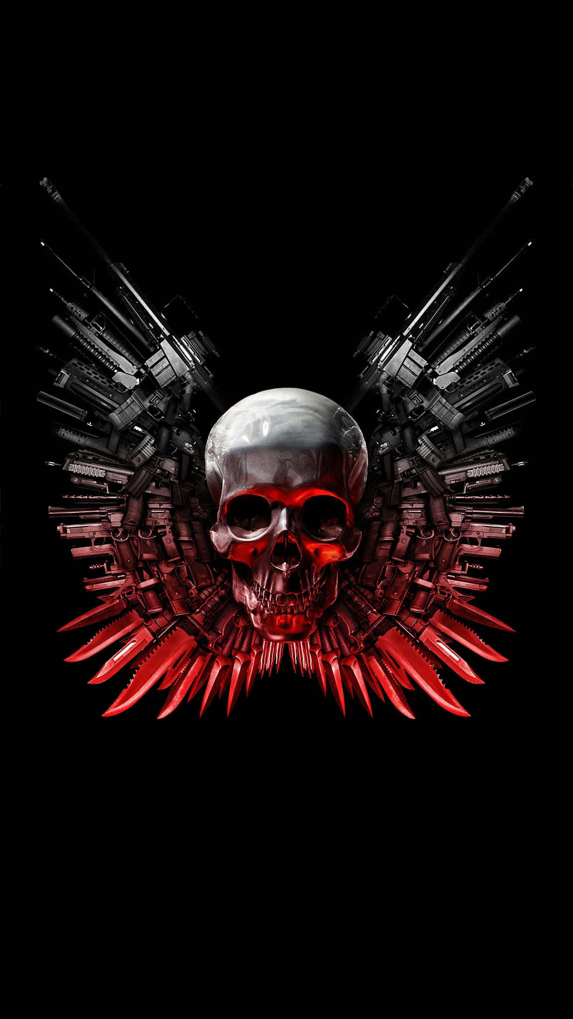 skulls 桌布 壁紙 — 一個金屬骷髏頭，帶有發光的紅色眼睛和嘴巴，兩側是步槍翅膀和紅色刀片，背景為黑色。