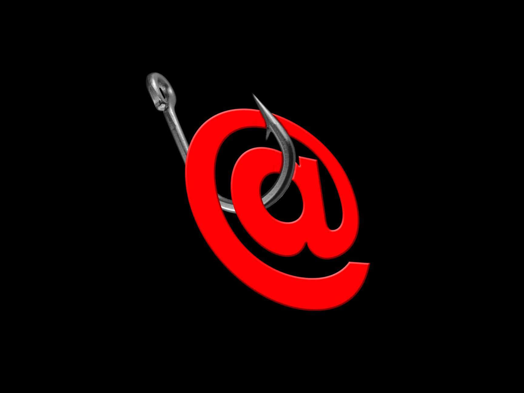 Email 桌布 壁紙 — 一個金屬魚鉤刺穿一個粗體的紅色 at 符號，背景為純黑色。