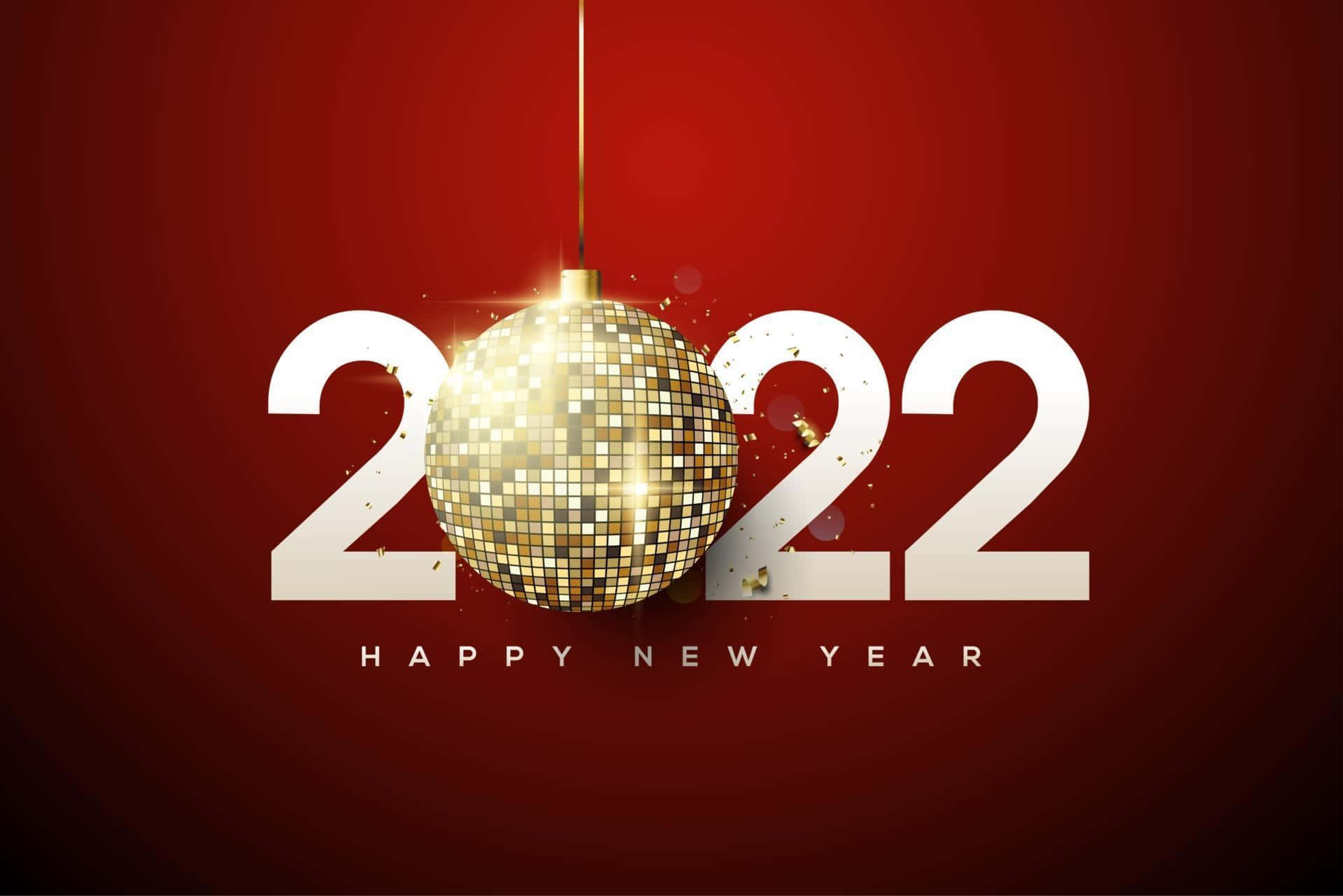 Happy New Year 2022 桌布 壁紙 — 一個金色 disco 波懸掛在大型白色數字 2022 之間，背景為豐富的紅色漸變，帶有閃爍粒子。