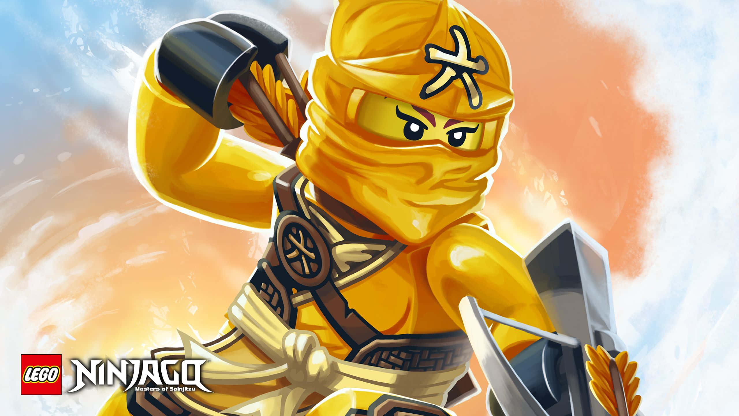 Ninjago 桌布 壁紙 — 一個金色LEGO Ninjago忍者以動感姿態揮舞武器，背景是火熱的天空。