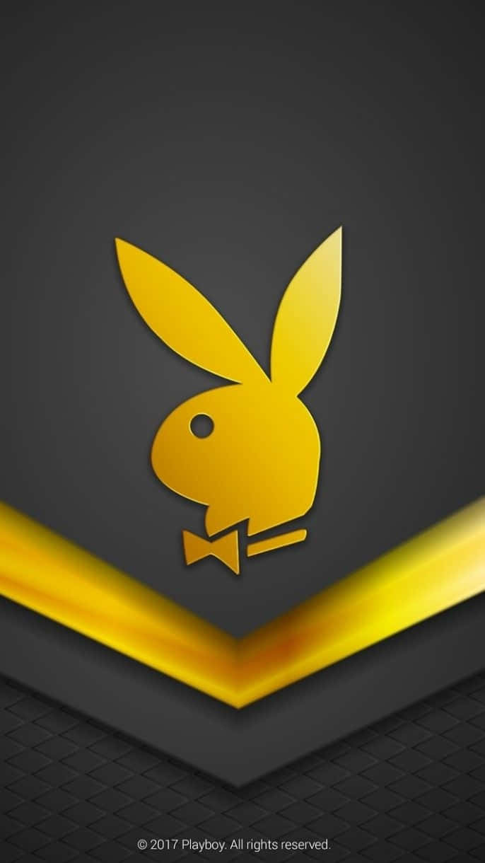 深灰色背景上的金色Playboy兔子標誌，帶有黃色V形亮點。 — Playboy GIF 壁紙