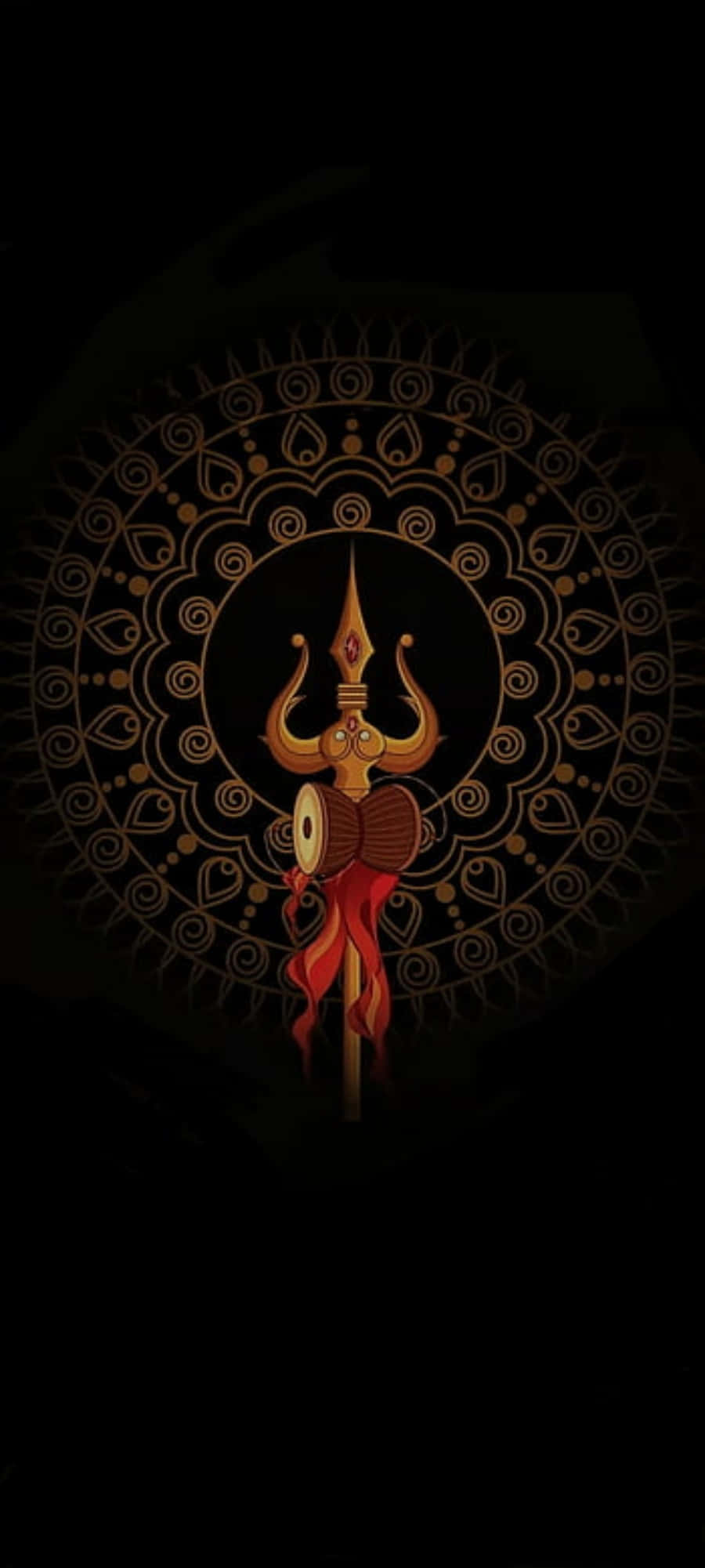Symbolism 桌布 壁紙 — 一個金色三叉戟配上紅色絲帶和鼓，位於黑色背景上的華麗曼陀羅中央。