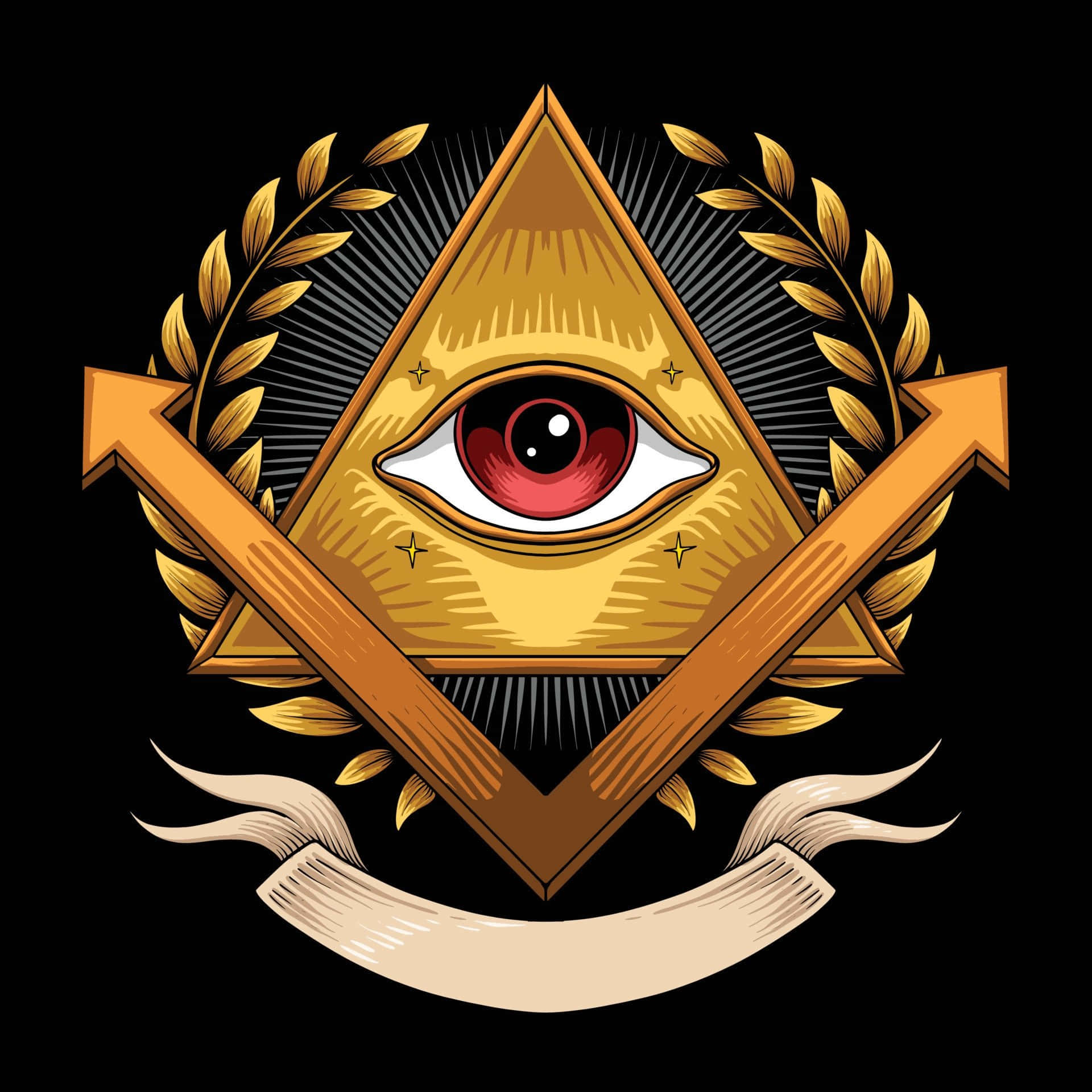Illuminati 桌布 壁紙 — 一個金色全視之眼位於三角形內，兩側有箭頭和月桂花環，背景為黑色。