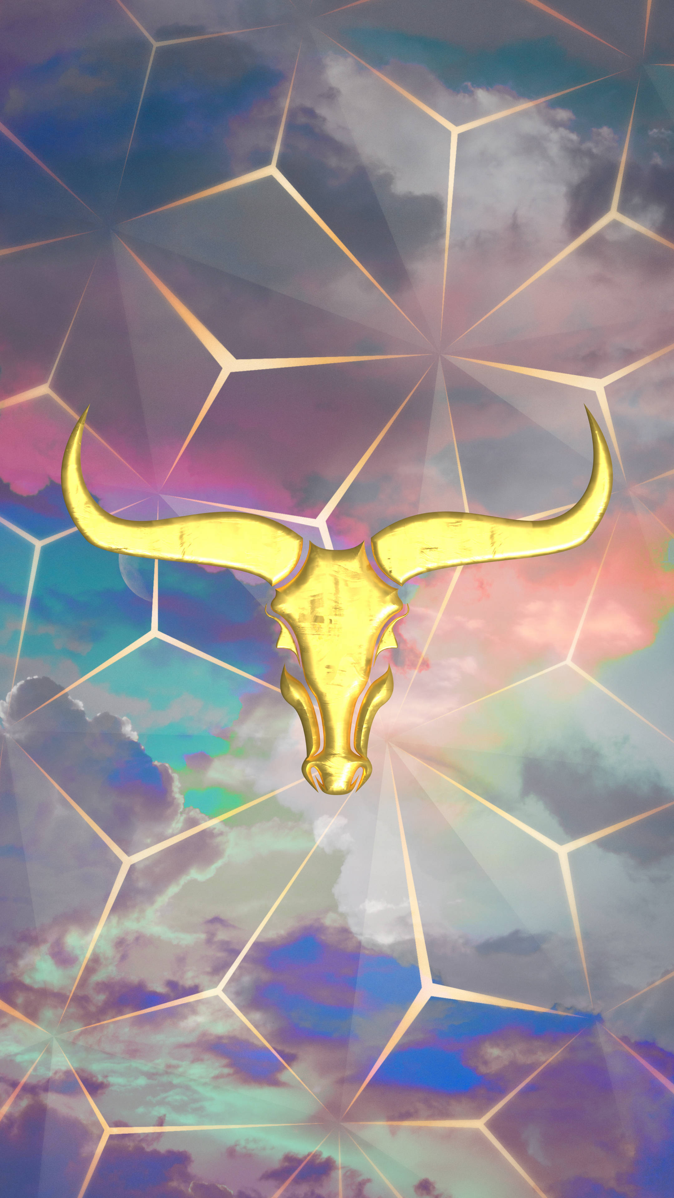 金色公牛頭骨，在色彩繽紛的天空背景上疊加幾何網格。