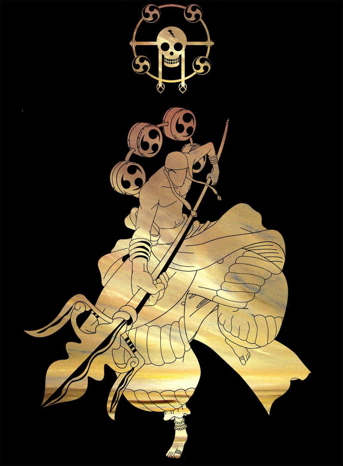One Piece Enel 桌布 壁紙 — 一個金色剪影的戰士，背上三個骷髏頭，上方有骷髏標誌，在黑色背景前揮舞長矛。